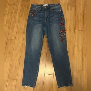 Embroidered Straight-Leg Blue Jeans with Floral Detail